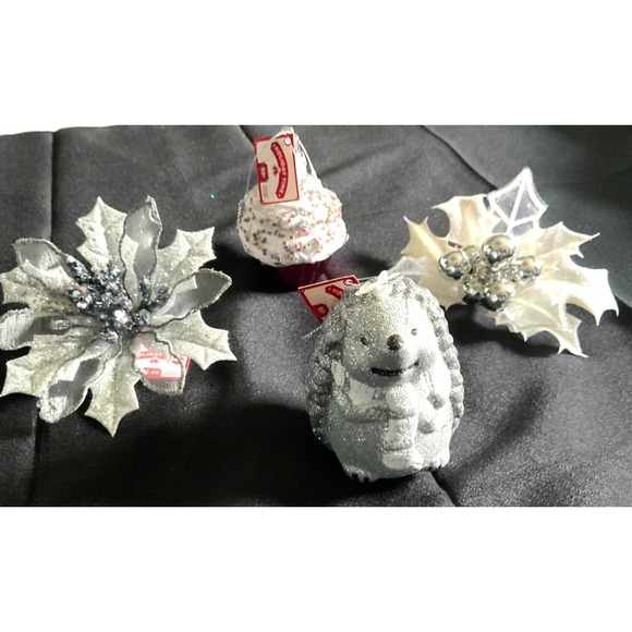 Holiday Time Other - Lot4 Silver Glitter Ornaments Christmas Holiday Poinsettia, Holly, Hedgehog,cake